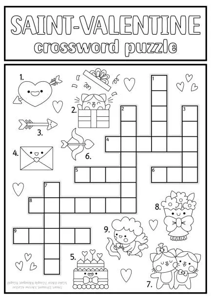 Vector illustration of Vector Saint Valentine black and white crossword puzzle for kids. Love holiday line quiz. Educational kawaii activity, coloring page. Cute English language cross word with cupid, heart, couple