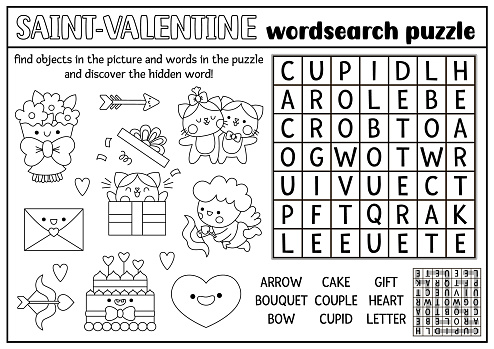 Vector Saint Valentine black and white word search puzzle for kids. Love holiday quiz. Educational kawaii activity, coloring page. Cute English language cross word with cupid, heart, couple