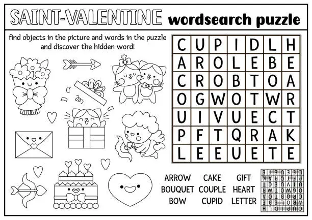 Vector illustration of Vector Saint Valentine black and white word search puzzle for kids. Love holiday quiz. Educational kawaii activity, coloring page. Cute English language cross word with cupid, heart, couple