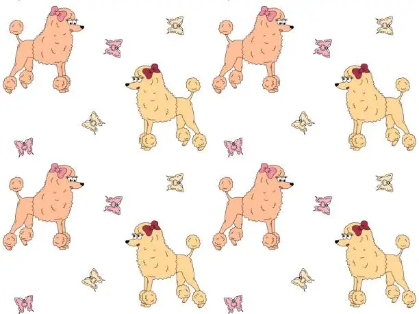 Vector illustration of Seamless pattern of peach poodles and butterflies. Pets,dog, a children's cartoon pattern