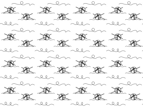 Seamless black and white doodle pattern with Abstract tangle with thread and knitting needles, knitting, continuous one line art hand drawing sketch