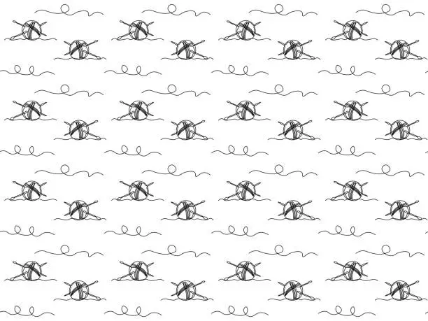 Vector illustration of Seamless black and white doodle pattern with Abstract tangle with thread and knitting needles, knitting, continuous one line art hand drawing sketch