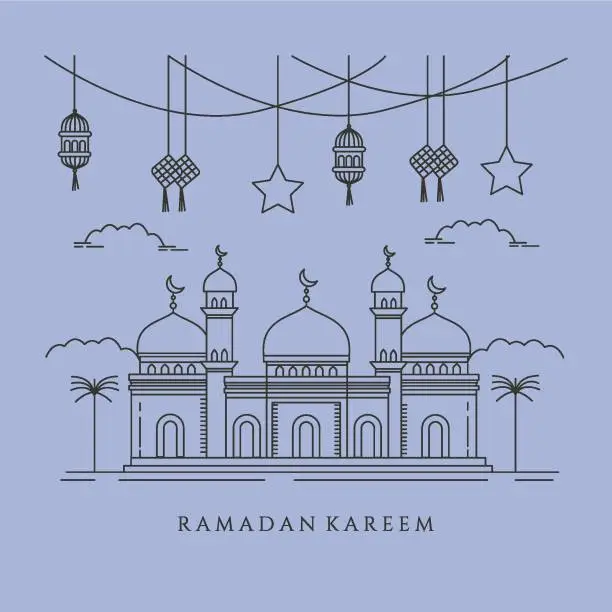 Vector illustration of vector of mosque landscape line art background illustration design