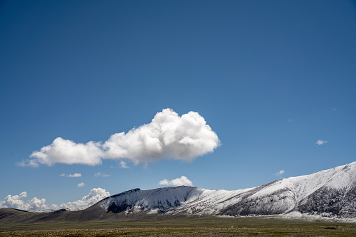 Snow capped mountains and grasslands in a clear sky