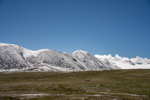 beautiful landscape of Caucasus mountain, covered peaks Dombaj, Russia, close up