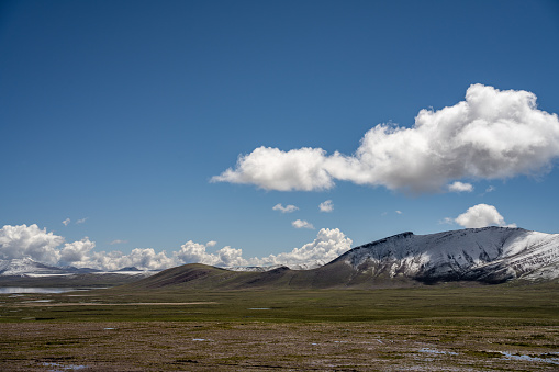 Snow capped mountains and grasslands in a clear sky