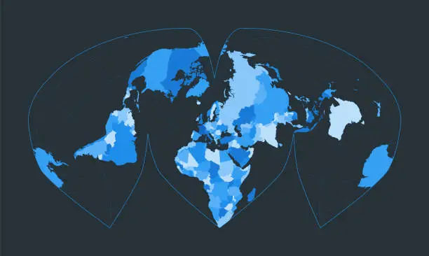 Vector illustration of World Map. Alan K. Philbrick's interrupted sinu-Mollweide projection. Futuristic world illustration for your infographic. Nice blue colors palette. Modern vector illustration.
