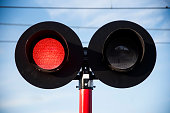 Red light at a railway crossing prohibiting passage.