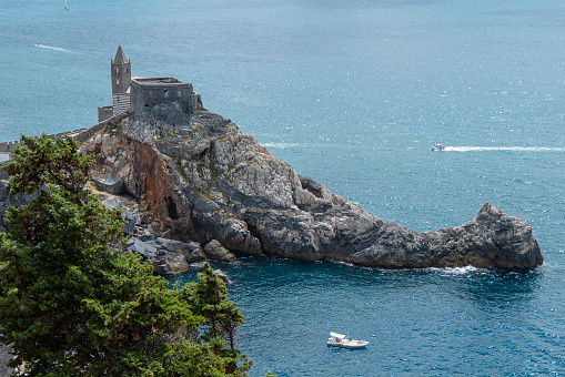 Portovenere, Italy, July 30, 2023. Saint Pierre Church located on a rock
