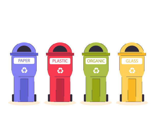 ilustrações, clipart, desenhos animados e ícones de conceito de separação e reciclagem de resíduos. diferentes lixeiras coloridas, gestão de resíduos, ecologia. recipientes para diferentes tipos de resíduos de plástico, vidro, papel, orgânicos. ilustração vetorial em estilo plano - sorter