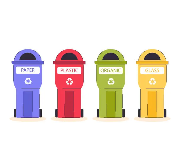 Vector illustration of Waste sorting and recycle concept. Different colorful garbage bins, waste management, ecology. Containers for different types of waste plastic, glass, paper, organic. Vector illustration in flat style