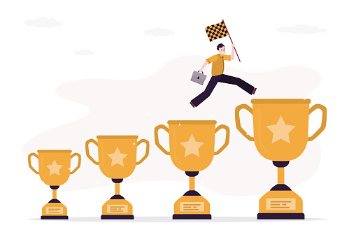 Confident businessman jumping from small win trophy to get bigger one, step by step to achieve bigger goal. Motivation, strategy or inspiration to success, victory or win award concept. flat vector