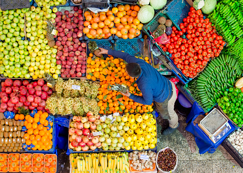 Konya, Türkiye, November 20, 2017: Top view of vegetable and fruit sales stalls