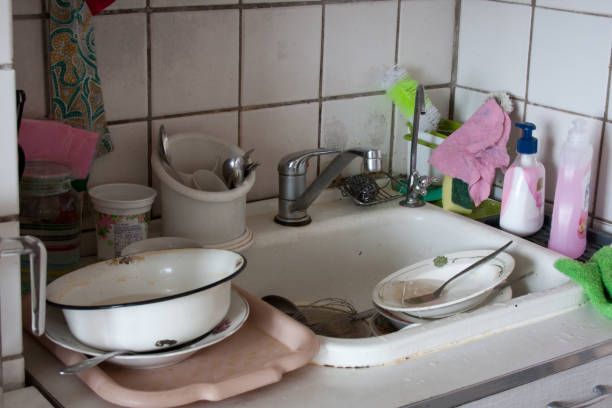 dirty dishes in sink waiting to be washed. dirty sink in apartment kitchen. unsanitary conditions. dirt everywhere. - sink domestic kitchen kitchen sink faucet imagens e fotografias de stock