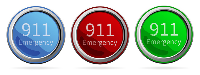 Number emergency 911 vector icon set. Blue, Red and Green silver metallic web buttons. 911 call center. Vector symbol design illustration