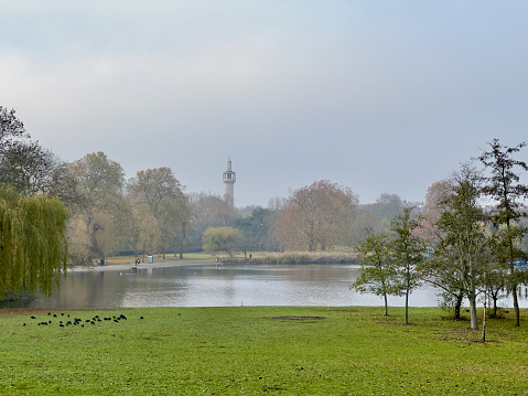 A scenic view of London Central Mosque from the Regent's Park in London, England