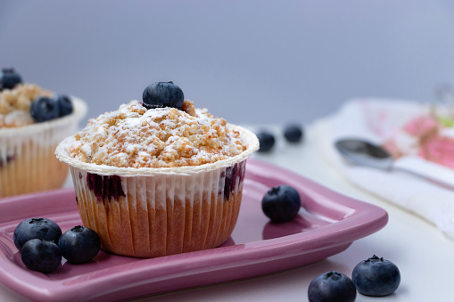 Freshly baked muffins with blueberries on a plate