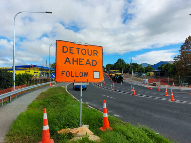istock Detour ahead road sign, Auckland. 1886759542