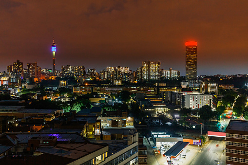 Johannesburg evening cityscape of Hillbrow in the city centre, Johannesburg is also known as Jozi, Joburg or eGoli and is the largest city in South Africa.