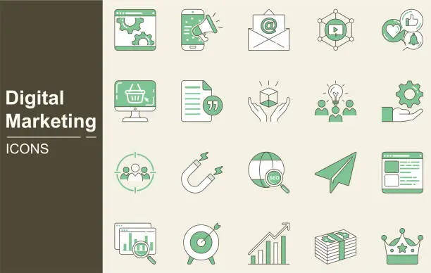 Vector illustration of Digital Marketing icon set.SEO, Web Optimization, Internet Marketing, Customer, Community, Video Marketing, Strategy, Keywords, Pay Per Click, Brainstorming, Sharing, Commenting, Social Media