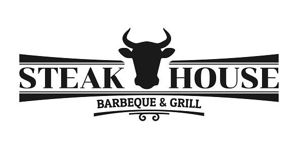 Steak house logo. BBQ, grill, meat restaurant emblem. Steakhouse sign or icon design with bull or cow head. Vector illustration.