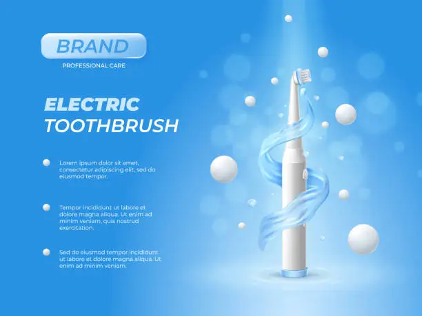 Vector illustration of Realistic electric toothbrush in water splash. Fresh oral care product. White teeth cleaning equipment in waves. Healthy lifestyle. Dental hygiene. Vector 3D advertising banner design