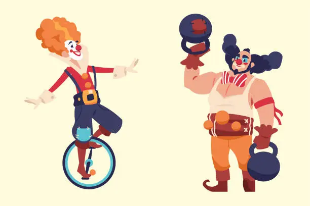 Vector illustration of Cartoon clowns. Jokers and jesters comedian with funny faces on unicycle and kettlebells. Cute circus artists performing trick. Entertaiment at birthday party, carnival show actors vector set