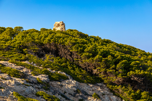 Ruins of watchtower Torre Esbucada near Cala Rajada, island of Mallorca, Spain