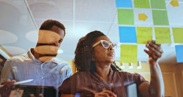 istock Low angle view business people planning work with sticky notes on glass wall in office 1886858539