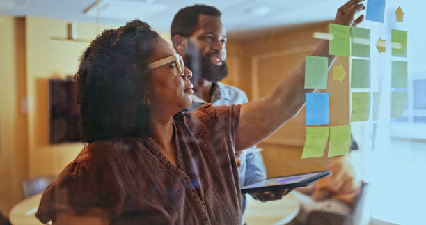 istock Multiracial business people planning work with sticky notes on glass wall in office 1886858548