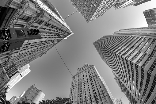Dallas, USA - November 6, 2023: fisheye view of historic skyscraper in old town of Dallas in black and white