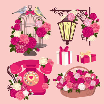 A set of romantic vector illustrations for Valentine's Day. Vintage phone, flowers, a cage with loving parrots, a street hanging lantern, a flower basket. Illustrated vector clipart.