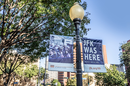 Dallas, USA - November 6, 2023: poster at John F. Kennedy square in Dallas, the place where he was killed. Fitzgerald Kennedy.