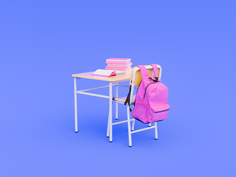 Pink Backpack and Books on Desk Against Blue Background, Study Setup