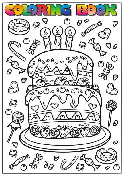 Vector illustration of children's coloring book - cake and sweets in the background