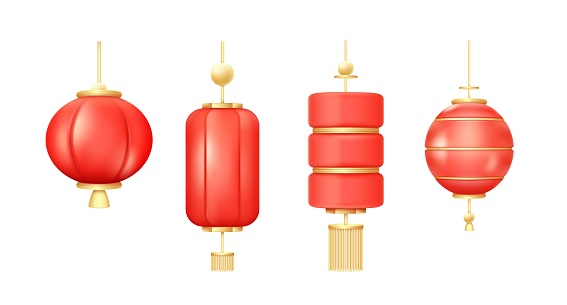 3d chinese lanterns. Asian lantern traditional festival celebration in china japan or vietnam, new year realistic element, red gold round hanging lamps, decent vector illustration of red lunar lantern