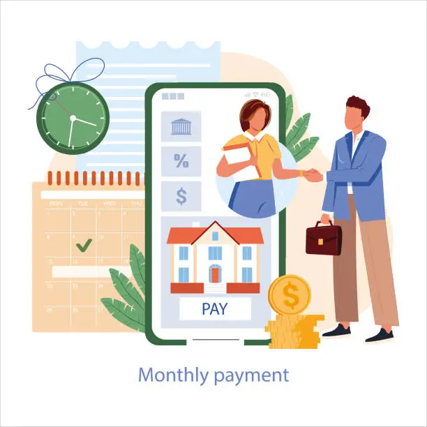 Vector illustration of Mortgage payment online concept. Man pay monthly interest and principal fee. Keep up for monthly regular payments vector illustration for website design. Modern flat tiny people vector illustration