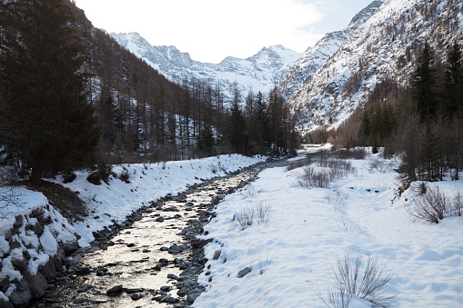 The Gran Paradiso mountain range rises at the head of the Valnontey valley, furrowed by its stream. It is winter; the sunlight is dim.