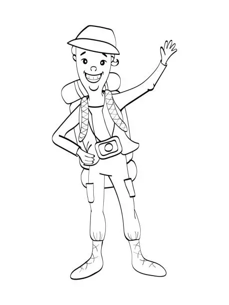 Vector illustration of funny tourist with photocamera. Outline, children coloring book. Black and white. Vector illustration.