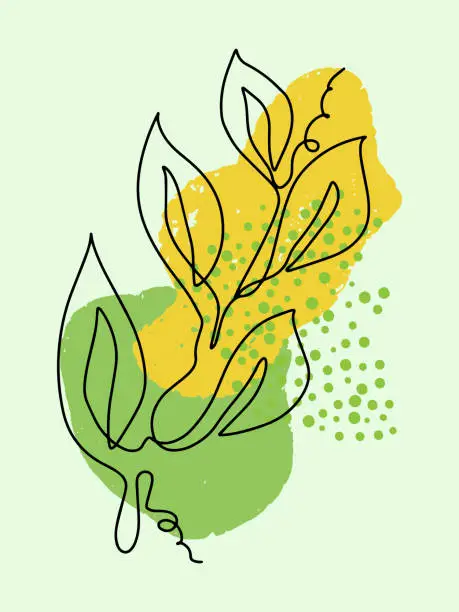 Vector illustration of Branch with abstract spots. Line art, one stroke, continuous line. Postcard, print, poster, element, spring mood. Vector