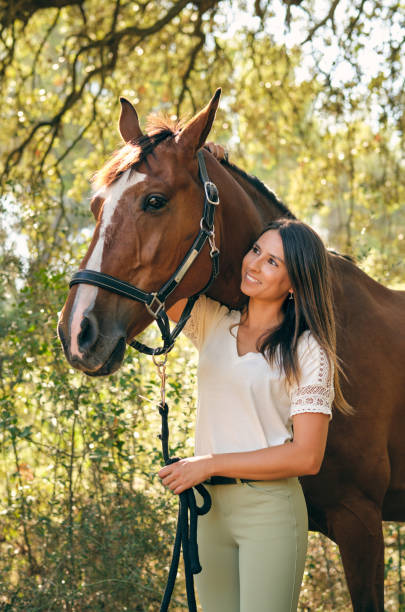 istock Young woman stroking horse in forest 1886986615