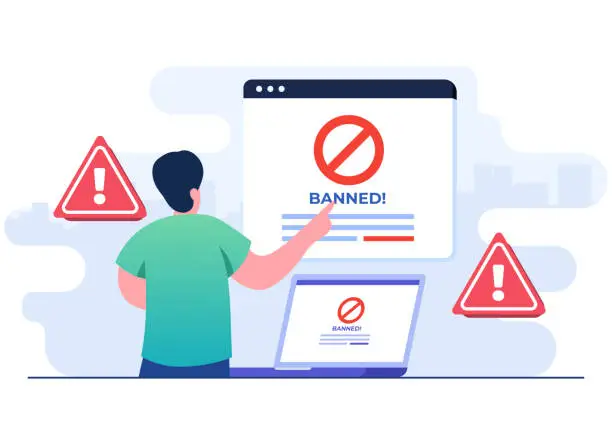 Vector illustration of Blocked or banned website, system, connection, Ad blocking software, Banned user account flat illustration vector banner for landing page, social media, website, mobile apps