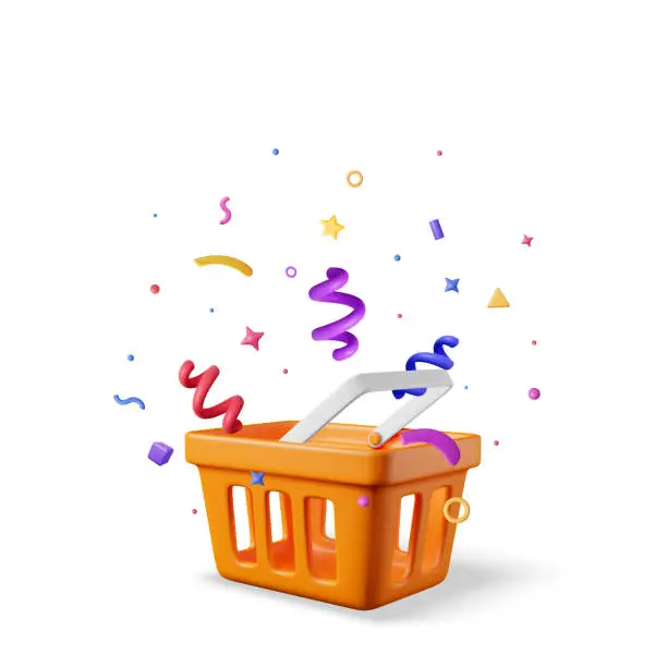 Vector illustration of 3D Orange Plastic Shopping Basket with Confetti