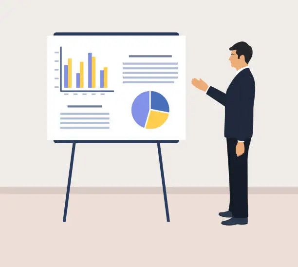 Vector illustration of Businessman Presenting A Report At A Flipchart. Business Presentation Concept