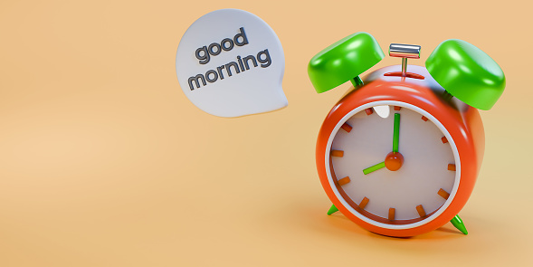 Clock alarm 3D video. Time concept. On beige background. Good Morning text.