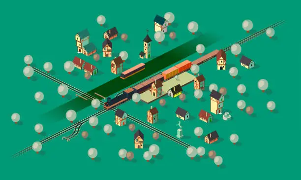 Vector illustration of village with train station