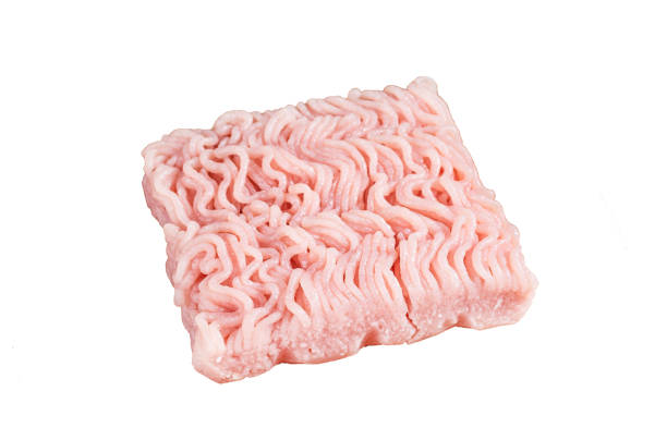 Raw mince or ground chicken meat  Isolated on white background, top view.