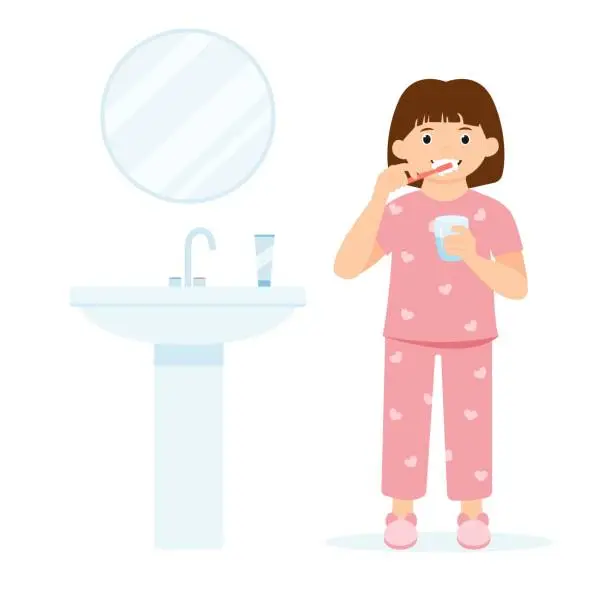Vector illustration of Little girl in pajamas brushing teeth with toothpaste