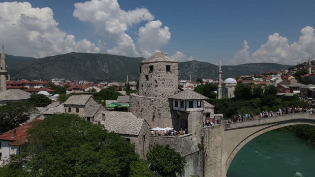 Aerial drone view Ottoman architecture of Mostar is a beautiful city in Europe, historical mostar bridge view