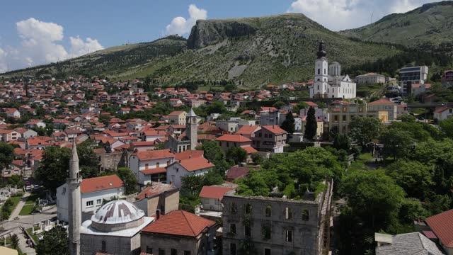 Important mosques of the city of Mostar in Bosnia, aerial drone view ottoman architecture of Mostar is a beautiful city in Europe